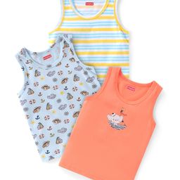 Babyhug 100% Cotton Knit Sleeveless Sando Striped & Boat Theme Print Pack Of 3 - Blue Orange & Yellow-image-30