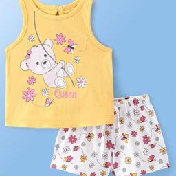 Doodle Poodle 100% Cotton Knit Sleeveless Top & Shorts Set Floral Print- Yellow & Bright White-image-53