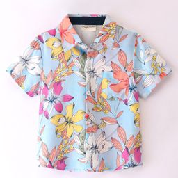CrayonFlakes Half Sleeves Floral Printed Rayon Shirt - Blue-image-80
