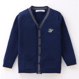 ToffyHouse Cotton Knit Full Sleeves Front Open Sweater With Text Embroidery - Navy Blue-image-69