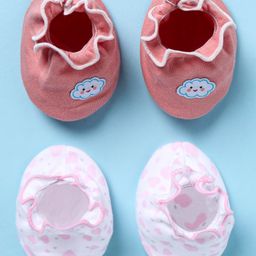 Ben Benny 100% Cotton Knit Booties With Hearts Print & Cloud Patch Pack Of 2 - White & Rose Pink-picture-25