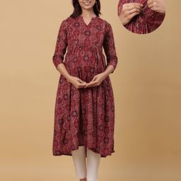 CRAFIQA Three Fourth Sleeves Floral Printed Maternity Kurta With Concealed Zipper Nursing Access - Maroon-image-24