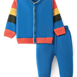 Doodle Poodle Knitted Full Sleeves Front Open Sweater Set with Cable Knit Design - Blue-image-76