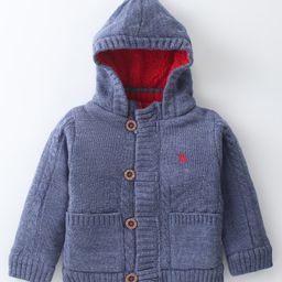 Yellow Apple Knit Full Sleeves Front Open Hooded Sweater Solid Colour - Blue-image-39