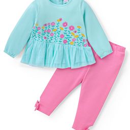 Babyhug Single Jersey Knit Full Sleeves Floral Printed Top & Leggings Set - Light Blue-image-15