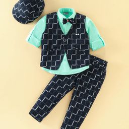 Dapper Dudes Full Sleeves Abstract Printed Waistcoat With Shirt Bow Cap & Pant - Navy Blue-picture-4
