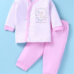 Zero Interlock Knit Full Sleeves Front Open Night Suit With Stripes & Bunny Print - Pink-18