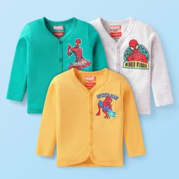 Babyhug Marvel Interlock Knit Full Sleeves Jhablas with Spider Man Graphic Pack Of 3 - Yellow Grey & Green-image-6