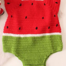 Woonie Sleeveless Watermelon Crochet Designed & Colour Blocked Onesie - Red-image-23