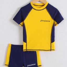 Pine Active Half Raglan Sleeves Two Piece Swimsuit With Logo Print - Yellow & Navy Blue-image-14