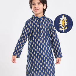 EARTHY TOUCH Cotton Woven Full Sleeves Kurta with Floral Kolka Design - Navy-image-96