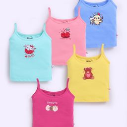 MOONKIDS 100% Cotton Knit Pack Of 5 Sleeveless Bird & Cherries Printed Camisoles - Pink Yellow & Blue-image-6