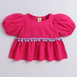 Aww Hunnie 100% Cotton Half Puffed Sleeves Tassels Detailed Peplum Top - Pink-picture-27