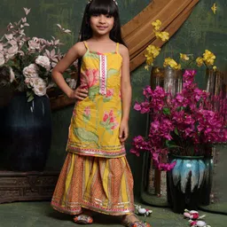 Saka Designs By Sapna Cotton Woven Sleeveless Floral Printed & Gota Lace Embellished Kurti Sharara Set - Yellow-picture-30