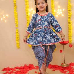 BownBee Cotton Woven Three Fourth Sleeves Floral Printed Gota Lace Embellished Dhoti Kurti Set - Blue-picture-33