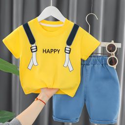 Googo Gaaga Cotton Knit Half Sleeves Happy Text Printed T-Shirt With Shorts Set - Yellow-image-83