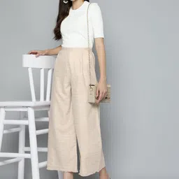 HERE&NOW Women Beige Striped Flared Palazzos-picture-16