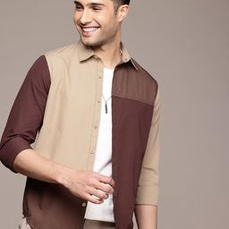 WROGN Colourblocked Cutaway Collar Pure Cotton Casual Shirt-image-25