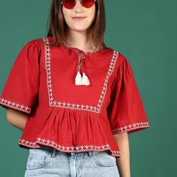 LIMEROAD Women Solid Gathered Or Pleated Cotton Peplum Crop Top-image-33