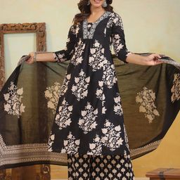 all about you Floral Printed V-Neck Pure Cotton A-Line Kurta With Trousers & Dupatta-picture-24