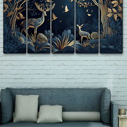Aura Blue & Gold-Toned 5 Piece Wood Birds and Animals Wall Paintings-image-89