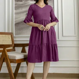 Trendmalls Women Self Design Pleated Tiered Bell Sleeve Fit & Flare Dress-picture-45