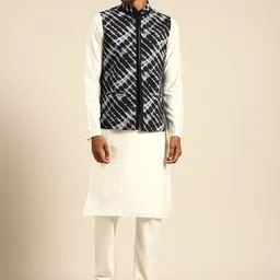 KISAH Men Off White Solid Kurta with Churidar & Tie & Dye Nehru Jacket-image-74