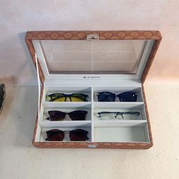 La Trove Unisex 6 Slot Tan Leather Sunglass Organizer Glass Top Box for Wardrobe Closet-image-89