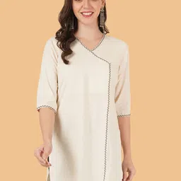 Brownverse Thread Work V-Neck Khadi Cotton Angrakha Design Kurta-image-3