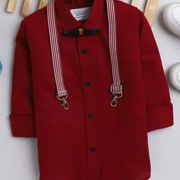 Polka Tots Full Sleeves Solid Party Shirt With Moustache Wood Bow Tie & Striped Suspender - Red-picture-24