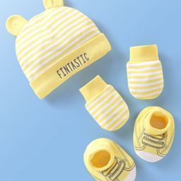 Babyoye 100% Cotton With Eco Jiva Finish Striped Cap Mitten & Booties Yellow - Diameter 15.5 cm-28