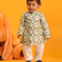 VASTRAMAY SHISHU Full Sleeves Seamless Aztec Motif Blocks Printed & Thread Work Detailed Kurta With Pyjama - Green-image-52