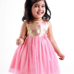 Babyhug Woven Sleeveless Party Frock Sequinned With Floral Applique - Pink & Golden-image-41