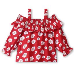 Babyhug Rayon Woven Off Shoulder Full Sleeves Floral Printed & Frill Detailing Top - Red-picture-10