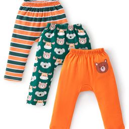 Babyhug Cotton Knit Full Length Striped & Koala Print Diaper Pants Pack of 3 - Orange & Green-image-45