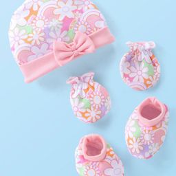 Babyhug 100% Cotton Knit Cap Mittens & Booties Set with Floral Print - Pink-12