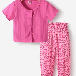 Kookie Kids Half Sleeves Solid Colour Top with Cheetah Printed Pant -Pink-image-80