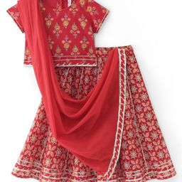 Babyhug Short Sleeves Cotton Woven Choli Lehenga and Dupatta Set Floral Print - Red-image-28