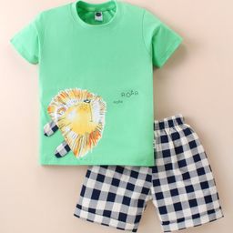 Teddy Sinker Knit Half Sleeves Roaring Lion Printed T-Shirt & Checkered Shorts Set - Green-picture-1