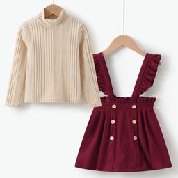 Kookie Kids Full Sleeves Winter Wear Top & Skirt Set with Frill & Button Detailing - Maroon & Cream-image-49