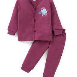 Simply Cotton Knit Full Sleeves Front Open Thermal Vest & Pant Set With Elephant Print - Dark Red-image-65