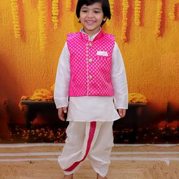BownBee Full Sleeves Solid Kurta & Dhoti With Ethnic Motif Printed Jacket - Pink-picture-24