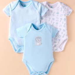 I Bears Interlock Knit HalfSleeves Animal Printed Onesies Pack of 3 - Light Blue & White-image-8