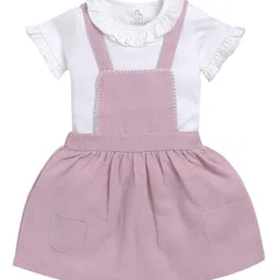 BABY GO Cotton Half Frill Sleeves Solid Dungaree With Top - Mud-picture-5