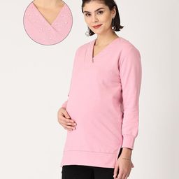 The Mom Store Cotton Full Sleeves Solid Maternity Sweatshirt With Zipless Nursing Access - Pink-picture-30