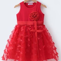 Mark & Mia Sleeveless Cotton Party Frock With Floral Corsage & Butterfly Applique - Red-image-7