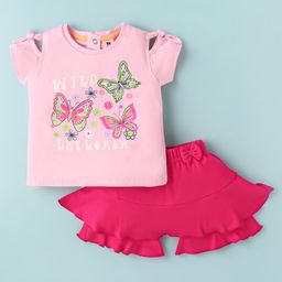 ToffyHouse Knit Half Cold Shoulder Sleeves Top & Skorts Set With Butterfly & Floral Print & Bow Applique - Baby Pink-image-34
