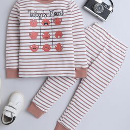 BABY NATION Cotton Knit Full Sleeves Striped & Typography Printed Night Suit Set - Brown & White-image-95