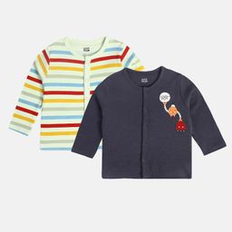 MINI KLUB Cotton Pack Of 2 Full Sleeves Cartoon Printed & Striped Jhablas - White & Navy Blue-image-78