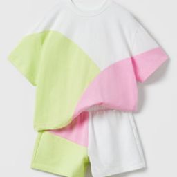 J&JP Cotton Half Sleeves Cut & Sew Oversized Coordinating Tee & Shorts Set - Pink & Green-14